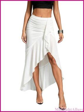 High Low Ruffle Mesh Midi Skirt Ruched Asymmetrical Pull On
